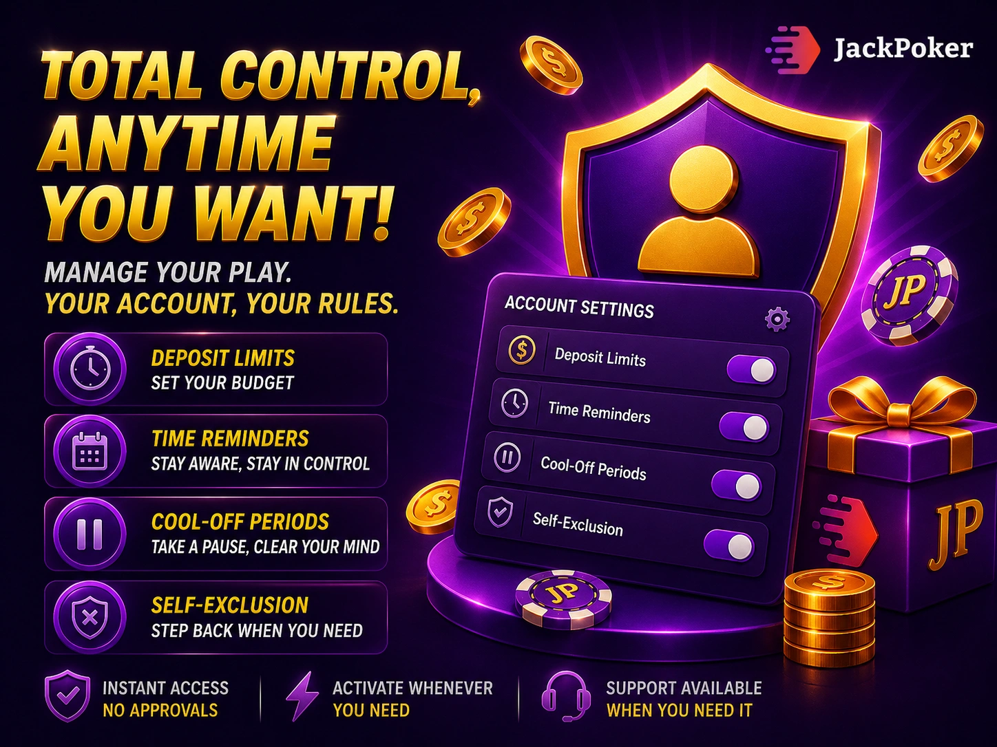 jackpoker account control canada settings panel with deposit limits reminders coins chips and security shield in purple design