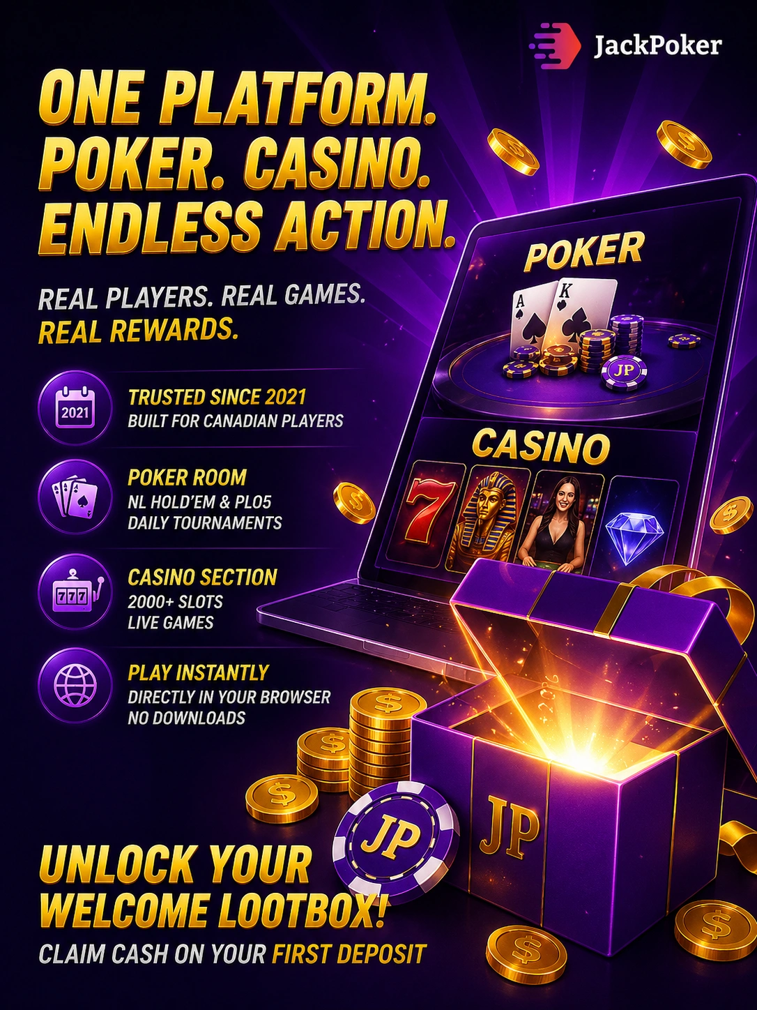 Jackpoker canada poker and casino platform on laptop with cards slots coins and welcome bonus lootbox