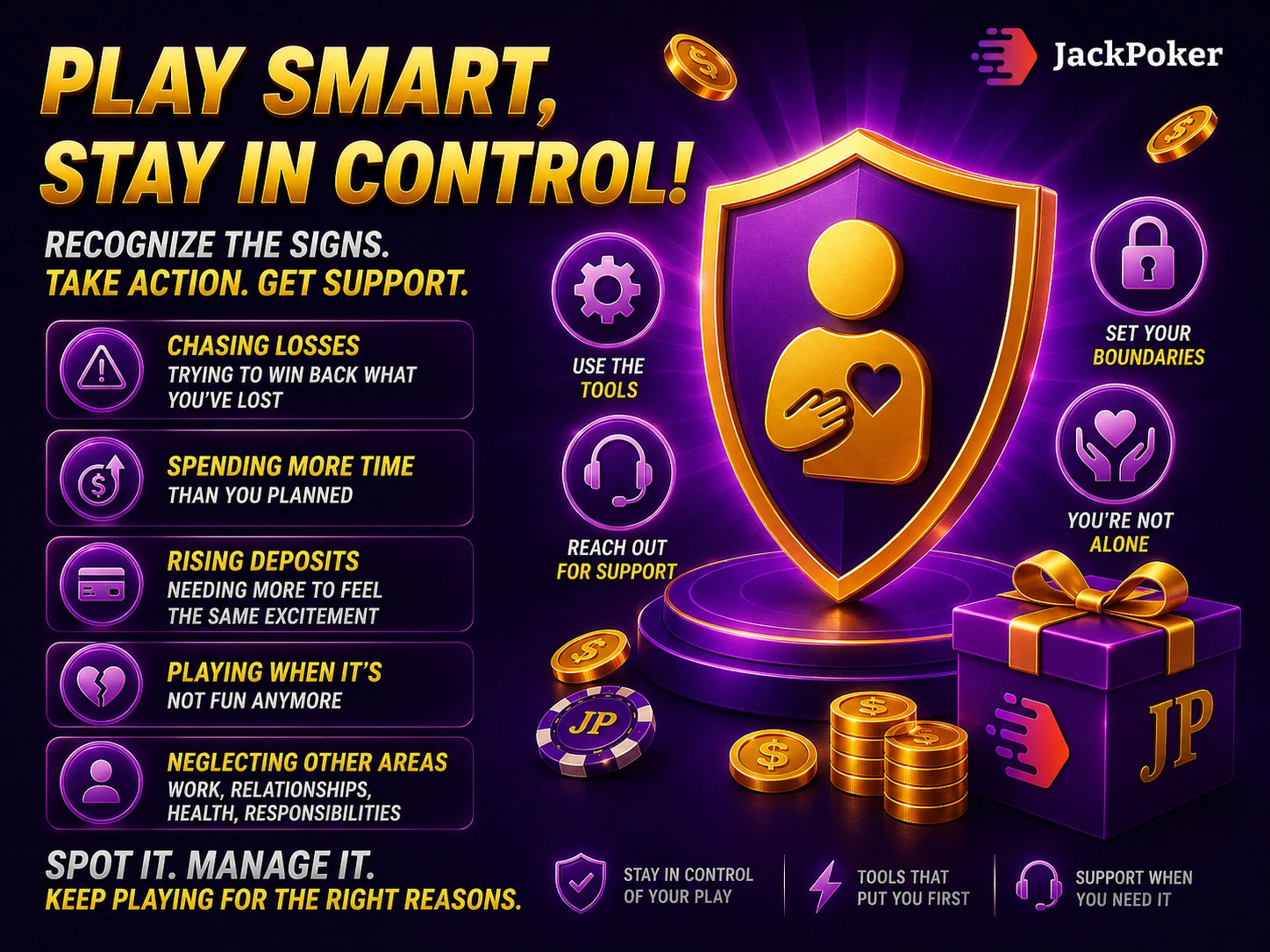 jackpoker responsible gaming canada shield with user icon coins chips and support tools in purple gold premium design