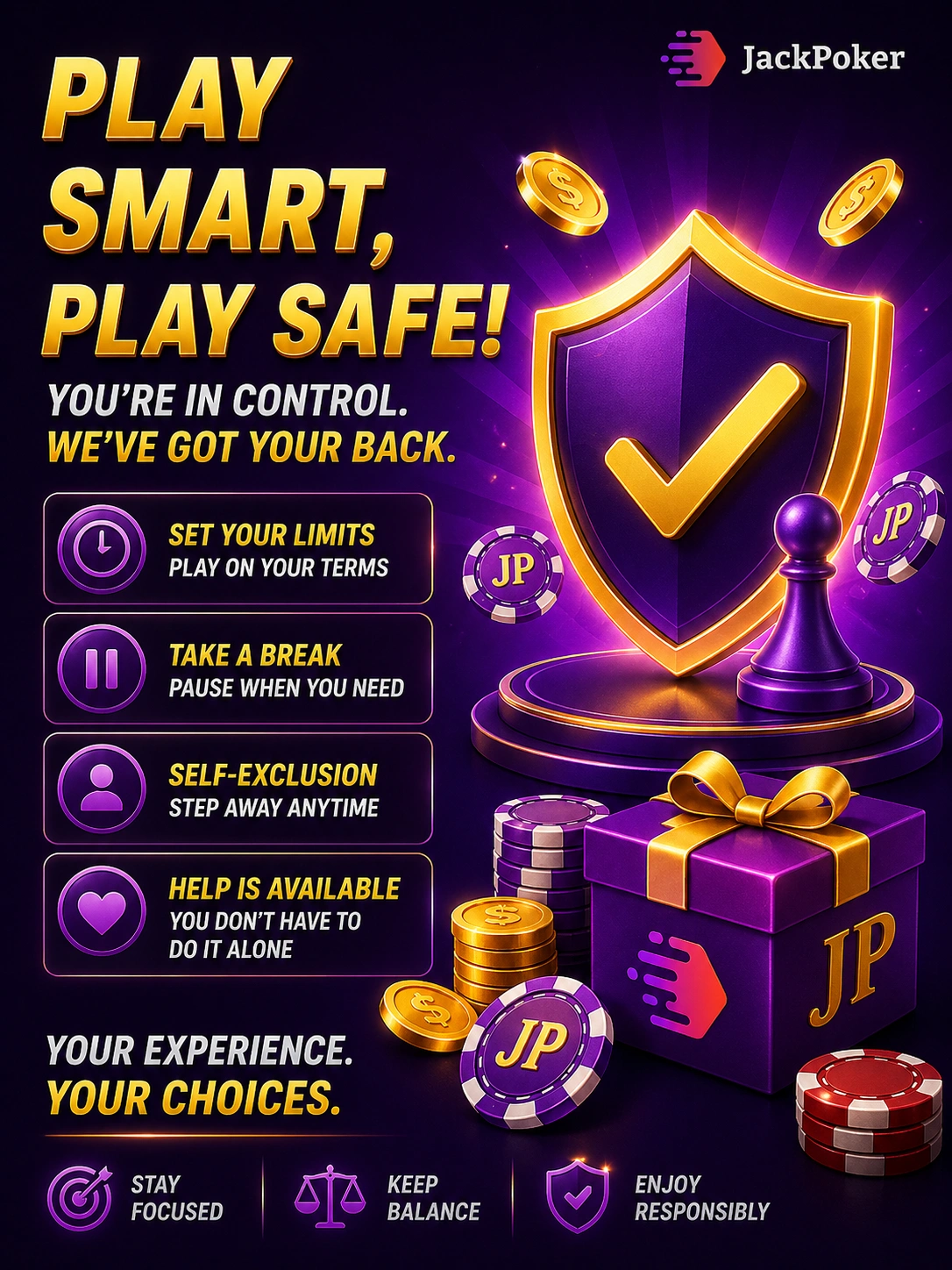 jackpoker play safe canada shield checkmark poker chips coins and self exclusion tools in premium purple gold style