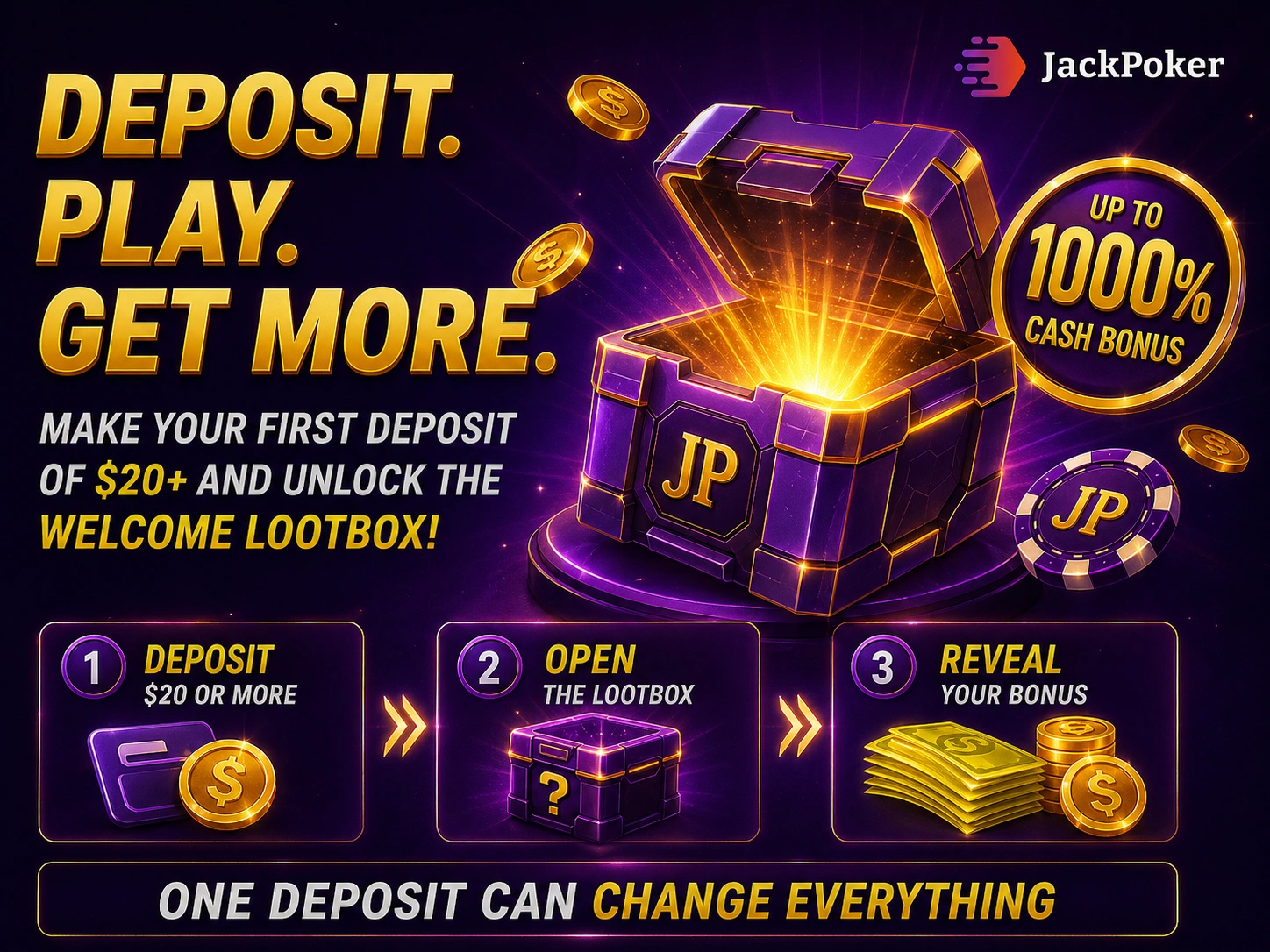 Jackpoker canada deposit bonus lootbox with coins chips and thousand percent cash offer in purple gold design